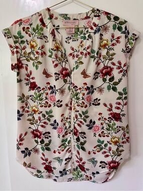 philosophy| Bream & Pink Floral Cap-Sleeve Lightweight V-Neck Blouse Sz XS